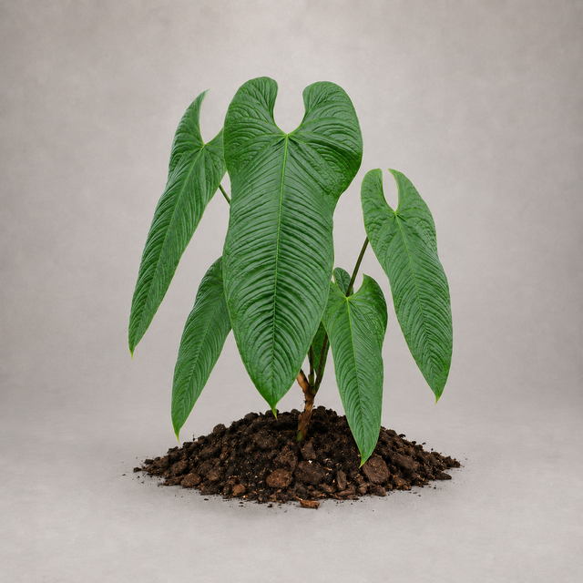 Anthurium argyrostachyum als etablierte Jungpflanze mit grünen Blättern in lockerem Aroid-Substrat.