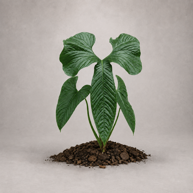 Anthurium draconopterum als etablierte Jungpflanze mit grünen Blättern in lockerem Aroid-Substrat.