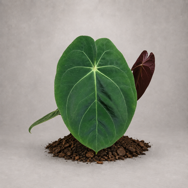 Anthurium dressleri als etablierte Jungpflanze mit grünen Blättern in lockerem Aroid-Substrat.