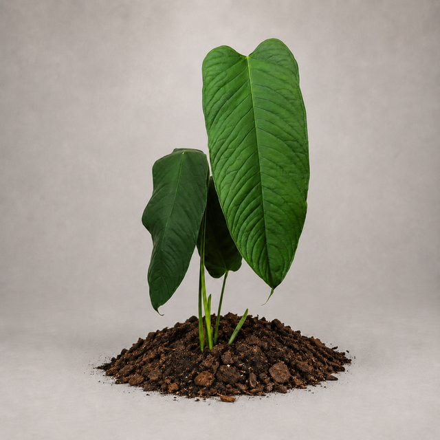 Anthurium lineolatum als etablierte Jungpflanze mit länglichen grünen Blättern in lockerem Aroid-Substrat.
