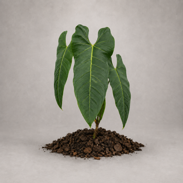 Anthurium macdanielii als etablierte Jungpflanze mit grünen Blättern in lockerem Aroid-Substrat.