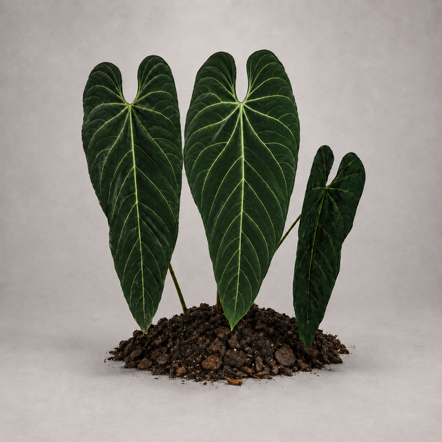 Anthurium metallicum als etablierte Jungpflanze mit grünen Blättern in lockerem Aroid-Substrat.