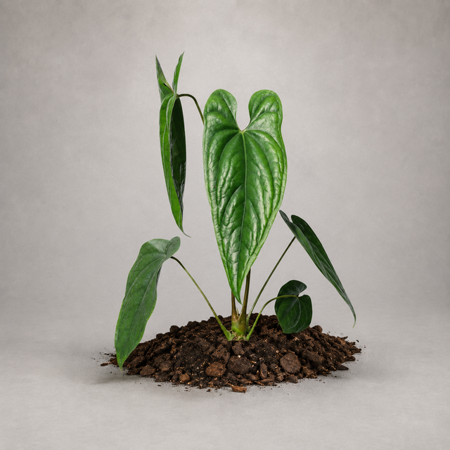 Anthurium nigrolaminum als etablierte Jungpflanze mit grünen Blättern in lockerem Aroid-Substrat.
