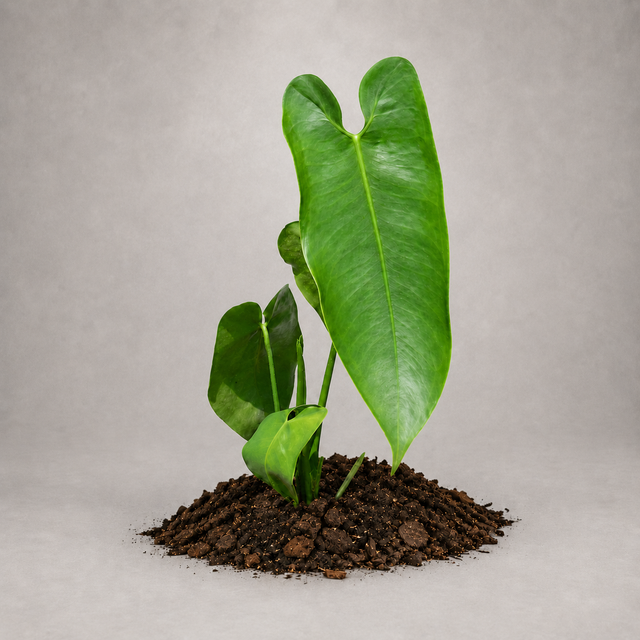 Anthurium pepeportillae als etablierte Jungpflanze mit grünen Blättern in lockerem Aroid-Substrat.