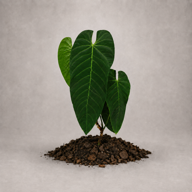 Anthurium queremalense als etablierte Jungpflanze mit grünen Blättern in lockerem Aroid-Substrat.