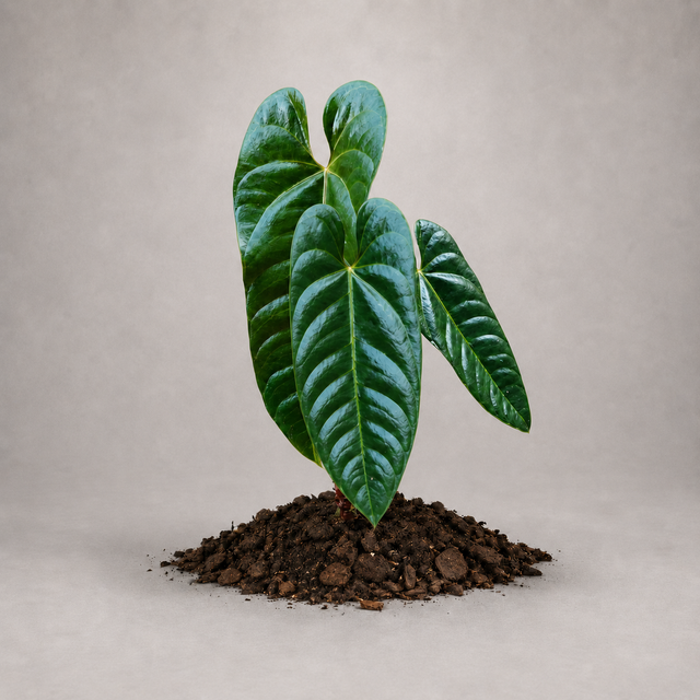 Anthurium recavum als etablierte Jungpflanze mit grünen Blättern in lockerem Aroid-Substrat.