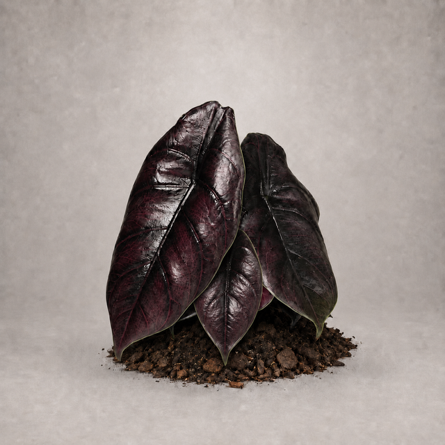 Alocasia azlanii als adulte Pflanze mit dunkel glänzenden Blättern