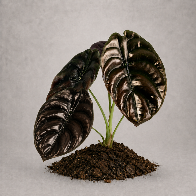 Alocasia cuprea als adulte Pflanze mit metallisch glänzenden Blättern