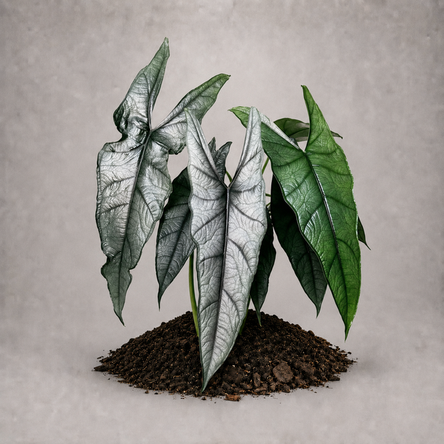 Alocasia heterophylla 'Silver' als adulte Pflanze mit silbrigen Blättern