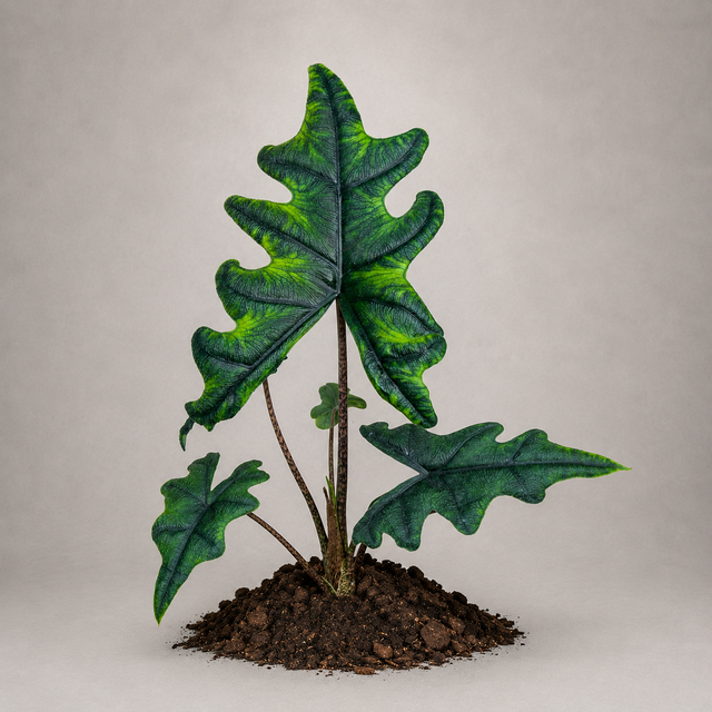 Alocasia tandurusa als adulte Pflanze mit schmal gelappten Blättern