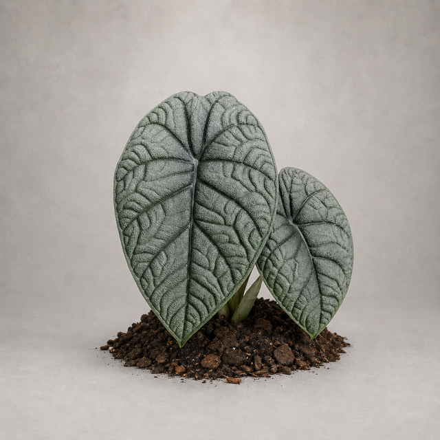 Alocasia melo als adulte Pflanze mit fester, strukturierter Blattoberfläche