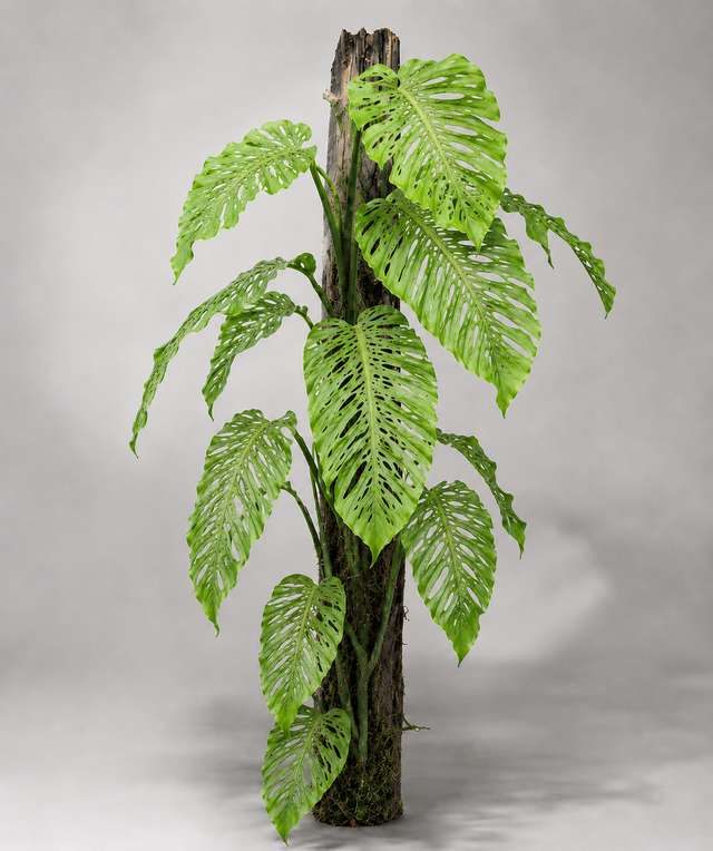 Monstera siltepecana als adulte Kletterpflanze mit silbrigen Blättern
