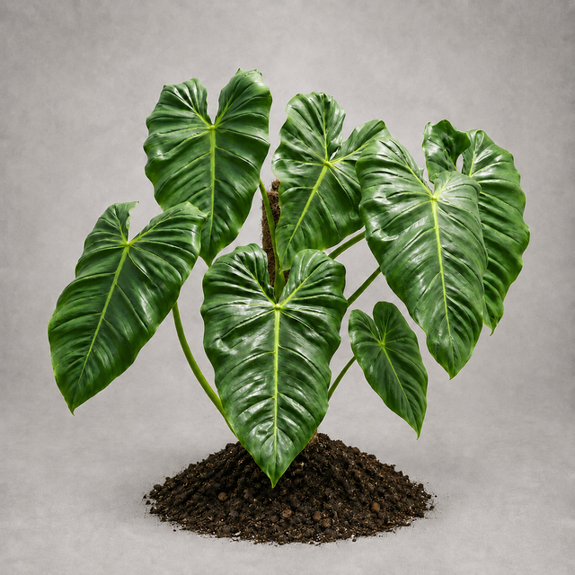 Philodendron billietiae × pastazanum als adulte Hybridpflanze mit länglichen Herzblättern