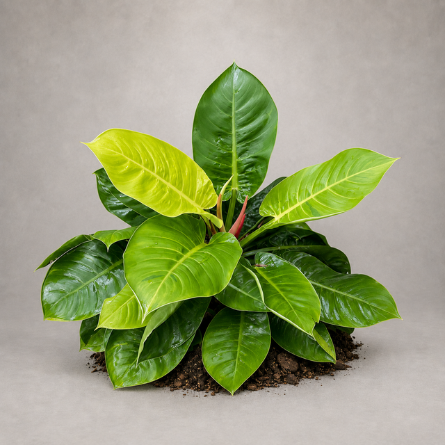 Philodendron 'Moonlight' als adulte Pflanze mit hellem Austrieb