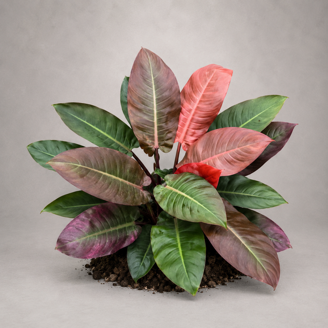 Philodendron 'Red Sun' als adulte Pflanze mit rötlichem Neuaustrieb