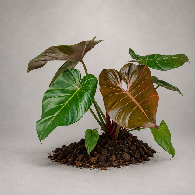 Philodendron 'Summer Glory' als adulte Hybridpflanze mit rötlichem Neuaustrieb und herzförmigen Blättern