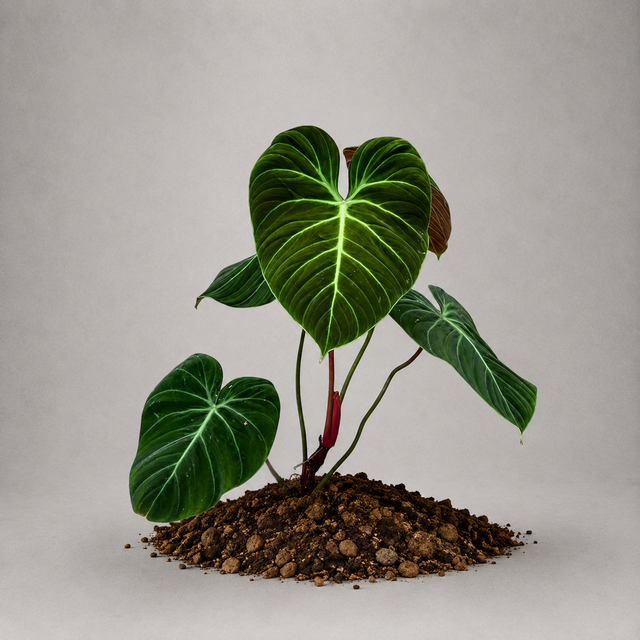 Philodendron rubrijuvenile als adulte Pflanze mit rötlichem Neuaustrieb