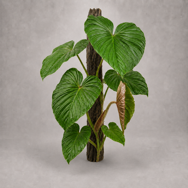 Philodendron fibrosum als adulte Kletterpflanze mit behaarten Blattstielen
