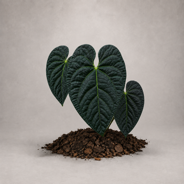 Anthurium Black Diamond als etablierte Jungpflanze mit grünen Blättern in lockerem Aroid-Substrat.