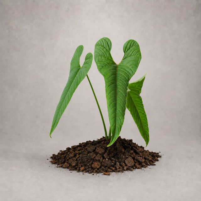 Anthurium chilmabajense als etablierte Jungpflanze mit grünen Blättern in lockerem Aroid-Substrat.