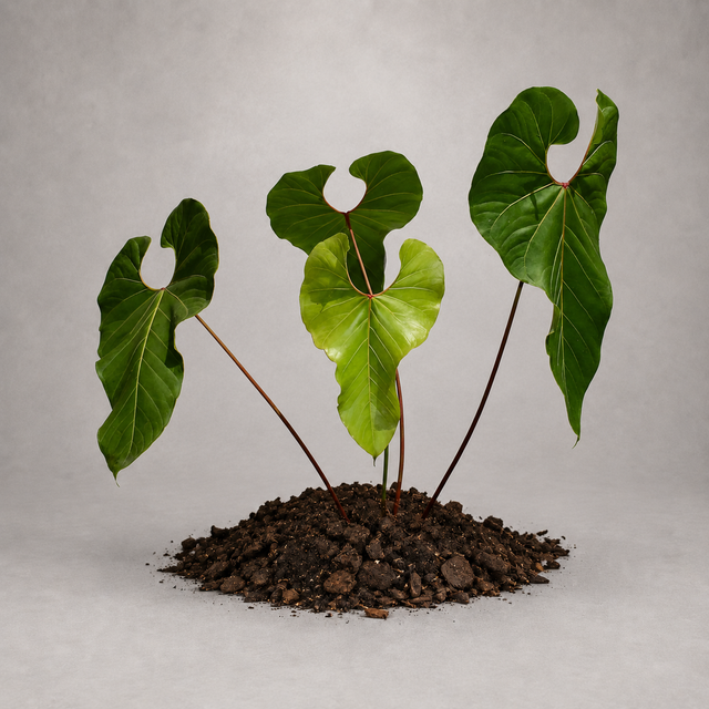 Anthurium giganteum als etablierte Jungpflanze mit grünen Blättern in lockerem Aroid-Substrat.