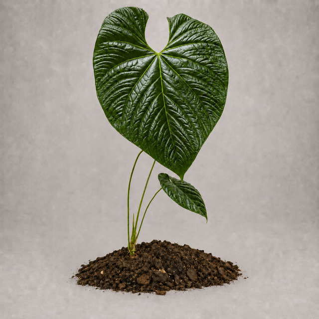 Anthurium longistrorsum als etablierte Jungpflanze mit grünen Blättern in lockerem Aroid-Substrat.