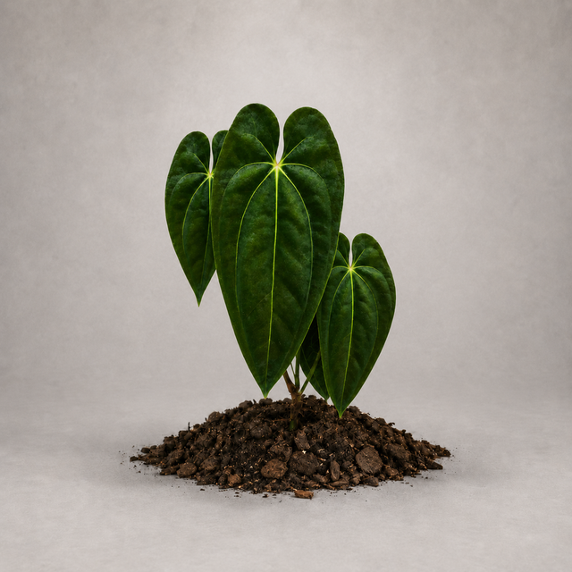 Anthurium papillilaminum als etablierte Jungpflanze mit grünen Blättern in lockerem Aroid-Substrat.